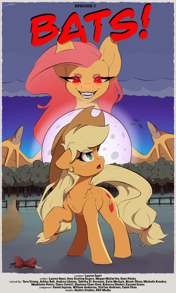 Size: 3000x5000 | Tagged: safe, artist:skitsniga, derpibooru import, applejack, fluttershy, bat pony, earth pony, pony, bats!, apple, bat ponified, flutterbat, food, g4, image, movie poster, png, race swap