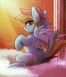Size: 2500x2926 | Tagged: safe, artist:crutonart, artist:foxinshadow, derpibooru import, rainbow dash, pegasus, pony, cloud, cloudsdale, collaboration, crepuscular rays, cute, dashabetes, dusk, eye clipping through hair, eyebrows, eyebrows visible through hair, female, g4, high res, image, looking at you, looking back, looking back at you, mare, on a cloud, pillar, png, profile, sitting, sitting on cloud, solo, spread wings, sunset, tail, wings