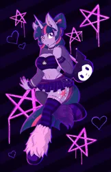 Size: 1325x2048 | Tagged: safe, artist:mscolorsplash, derpibooru import, twilight sparkle, alicorn, anthro, unguligrade anthro, alternate hairstyle, belly button, bracelet, breasts, choker, cleavage, clothes, ear piercing, female, fishnet clothing, g4, heart, heart eyes, image, jewelry, leg warmers, midriff, miniskirt, nail polish, nose piercing, panties, pentagram, piercing, png, skirt, solo, thong, underwear, wingding eyes, zettai ryouiki