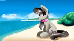 Size: 3555x2000 | Tagged: safe, artist:neoncel, derpibooru import, octavia melody, earth pony, pony, beach, bowtie, cloud, day, female, g4, high res, image, looking at you, mare, outdoors, png, sitting, sky, smiling, smiling at you, solo, tail, water