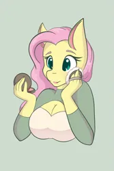 Size: 1365x2048 | Tagged: safe, artist:mscolorsplash, derpibooru import, fluttershy, anthro, pegasus, breasts, cleavage, female, green background, image, makeup, png, simple background, solo