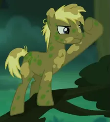 Size: 529x589 | Tagged: safe, derpibooru import, screencap, coco crusoe, earth pony, pony, the cutie re-mark, alternate timeline, camouflage, chrysalis resistance timeline, cropped, g4, image, in a tree, lookout, male, mud, muddy, png, solo, stallion, standing, tree