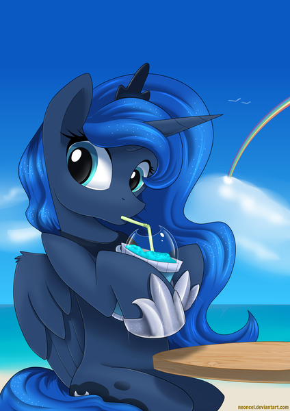 Size: 2893x4092 | Tagged: safe, artist:neoncel, derpibooru import, princess luna, alicorn, bird, pony, seagull, beach, cloud, crown, cup, cute, day, drink, drinking, drinking straw, female, g4, high res, hnnng, hoof shoes, horn, image, jewelry, looking at you, lunabetes, mare, outdoors, peytral, png, princess shoes, rainbow, regalia, sitting, sky, slush ice, slushie, solo, straw, table, water, wings