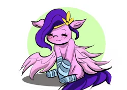 Size: 842x595 | Tagged: safe, artist:nari_artsz, derpibooru import, pipp petals, pegasus, pony, g5, blushing, clothes, eyes closed, female, image, pippabetes, png, socks, solo