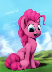 Size: 1303x1800 | Tagged: safe, artist:insanerobocat, derpibooru import, pinkie pie, earth pony, pony, cute, diapinkes, female, g4, grass, image, jpeg, mare, open mouth, open smile, outdoors, signature, sitting, sky, smiling, solo