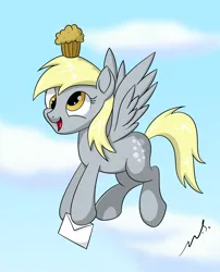 Size: 2420x3000 | Tagged: safe, artist:mercurysparkle, derpibooru import, derpy hooves, pegasus, pony, cloud, cute, derpabetes, female, flying, food, g4, high res, image, letter, mare, muffin, open mouth, open smile, outdoors, png, signature, sky, smiling, solo, spread wings, wings