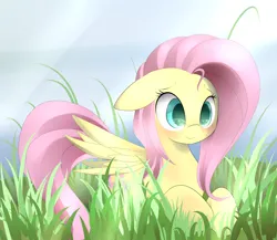 Size: 4200x3650 | Tagged: safe, artist:posionjoke, derpibooru import, fluttershy, pegasus, pony, blushing, cute, female, floppy ears, g4, grass, high res, image, lying down, mare, outdoors, png, prone, shyabetes, smiling, solo, stray strand, wings