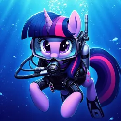 Size: 1024x1024 | Tagged: safe, ai content, derpibooru import, machine learning generated, prompter:sonicstreak5344, twilight sparkle, pony, unicorn, bubble, crepuscular rays, dive mask, female, flippers (gear), flowing mane, flowing tail, generator:bing image creator, generator:dall-e 3, goggles, horn, image, jpeg, looking at you, mare, ocean, oxygen tank, purple eyes, scuba diving, scuba gear, sunlight, swimming, tail, underwater, water