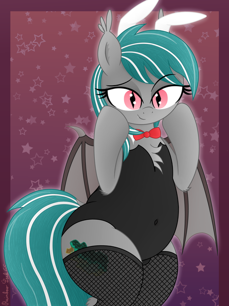 Size: 3016x4032 | Tagged: safe, artist:rainbowšpekgs, derpibooru import, oc, oc:malachite cluster, unofficial characters only, bat pony, pony, adorasexy, bat pony oc, bat wings, belly, belly button, bipedal, bowtie, bunny ears, bunny suit, chest fluff, chubby, clothes, cute, fangs, fishnets, image, male, partially open wings, png, sexy, smiling, solo, stallion, stars, wings