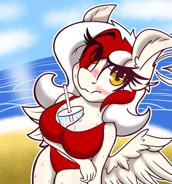 Size: 1400x1500 | Tagged: suggestive, artist:aryn, derpibooru import, oc, oc:awya lightfeather, unofficial characters only, anthro, pegasus, anthro oc, beach, bikini, blushing, clothes, drink, female, image, pegasus oc, png, solo, solo female, swimsuit, two toned mane, wings