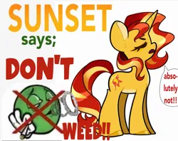 Size: 2029x1610 | Tagged: safe, artist:indigohatetrain, derpibooru import, sunset shimmer, pony, unicorn, drugs, female, horn, image, marijuana, meme, pale belly, parody, png, public service announcement, simple background, white background