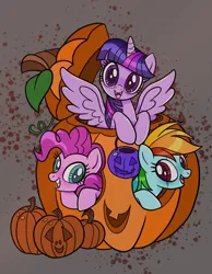 Size: 1578x2029 | Tagged: safe, artist:indigohatetrain, derpibooru import, pinkie pie, rainbow dash, twilight sparkle, twilight sparkle (alicorn), alicorn, earth pony, pegasus, pony, female, halloween, holiday, image, jack-o-lantern, png, pumpkin, trio