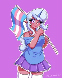 Size: 2400x3000 | Tagged: safe, artist:mylittleyuri, derpibooru import, trixie, human, :p, clothes, cute, dark skin, diatrixes, elf ears, female, horn, horned humanization, humanized, image, one eye closed, png, pride, pride flag, purple background, shirt, simple background, skirt, socks, solo, stockings, thigh highs, tongue out, trans female, trans trixie, transgender, transgender pride flag, wink