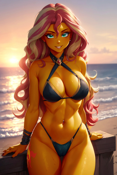 Size: 1024x1536 | Tagged: questionable, ai content, derpibooru import, editor:masterdarhil, machine learning generated, sunset shimmer, human, equestria girls, beach, belly, belly button, belly piercing, bikini, breasts, busty sunset shimmer, cleavage, clothes, cutie mark on human, ear piercing, earring, female, fit, g4, image, jewelry, jpeg, long hair, midriff, outdoors, photoshop, piercing, prompter:sammykun, recolor, ribcage, sexy, slender, solo, stupid sexy sunset shimmer, sultry pose, swimsuit, thin, wide hips