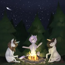 Size: 2449x2449 | Tagged: safe, artist:pixelberrry, derpibooru import, oc, unofficial characters only, earth pony, pony, unicorn, campfire, female, horn, image, magic, mare, night, png, tree