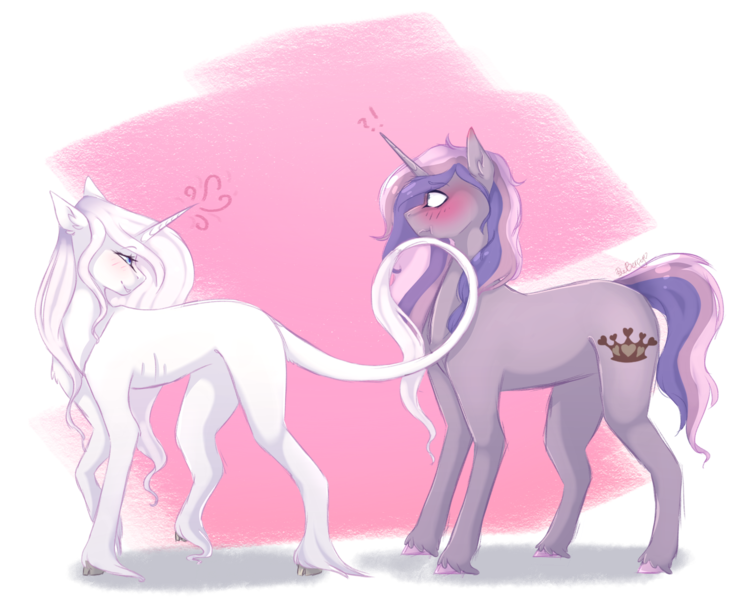 Size: 2400x1970 | Tagged: safe, artist:pixelberrry, derpibooru import, fleur-de-lis, oc, oc:cupid, pony, unicorn, blushing, horn, image, male, offspring, parent:princess cadance, parent:shining armor, parents:shiningcadance, png, seduction, stallion, tail, tail seduce