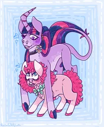 Size: 2208x2677 | Tagged: safe, artist:ruusukultakruunu, derpibooru import, pinkie pie, twilight sparkle, pony, unicorn, cloven hooves, coat markings, concave belly, countershading, duo, female, g4, height difference, image, leonine tail, lesbian, mare, on top, physique difference, png, shipping, size difference, slender, socks (coat marking), standing over, tail, thin, twinkie, unicorn twilight
