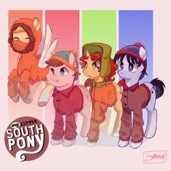 Size: 1280x1280 | Tagged: safe, artist:sotaiewe, derpibooru import, ponified, earth pony, pegasus, pony, unicorn, 2023, abstract background, eric cartman, frown, group, heterochromia, horn, image, jpeg, kenny mccormick, kyle broflovski, male, signature, smiling, south park, stan marsh