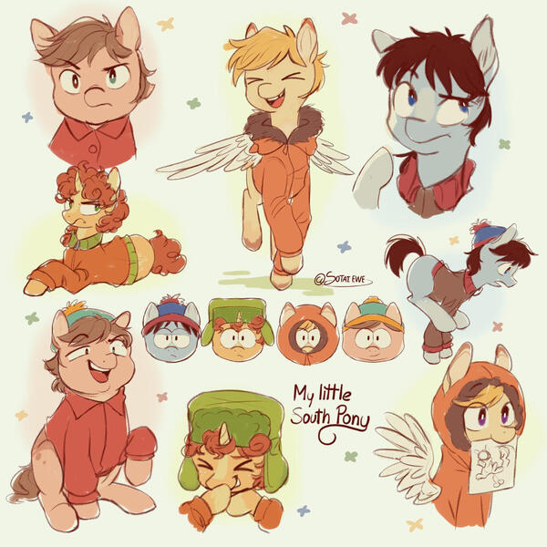 Size: 1280x1280 | Tagged: safe, artist:sotaiewe, derpibooru import, ponified, pegasus, pony, unicorn, 2023, cute, drawing, eric cartman, frown, group, horn, image, jpeg, kenny mccormick, kyle broflovski, male, signature, smiling, south park, stan marsh