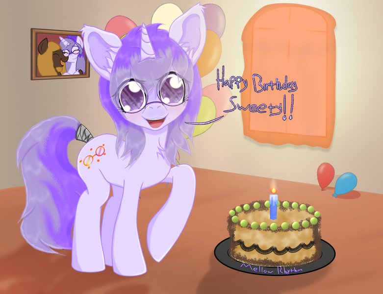 Size: 2160x1660 | Tagged: safe, artist:mellow91, artist:wojtek-ツ, derpibooru import, oc, oc:glass sight, oc:mellow rhythm, unofficial characters only, pegasus, pony, unicorn, balloon, beard, blushing, cake, candle, couple, cute, duo, facial hair, female, food, framed picture, gift art, glasses, happy birthday, heart, high res, horn, image, living room, looking at you, love, male, mare, name tag, oc x oc, ocbetes, open mouth, png, present, shipping, smiling, smiling at you, solo, stallion, sunlight, teeth, window, wingding eyes