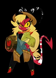 Size: 1500x2100 | Tagged: safe, artist:entropystar, derpibooru import, applejack, demon, imp, barrel, crossover, devil tail, hazbin hotel, hellaverse, image, jpeg, species swap, tail