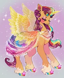 Size: 700x850 | Tagged: safe, artist:njeekyo, derpibooru import, sunny starscout, alicorn, earth pony, pony, g5, my little pony: a new generation, blush sticker, blushing, clothes, eyes closed, female, hooves, image, mare, multicolored hooves, png, race swap, see-through, smiling, solo, sparkles, sunnycorn, unshorn fetlocks