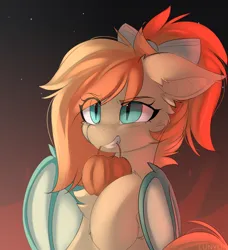 Size: 3688x4044 | Tagged: safe, artist:lunylin, derpibooru import, oc, oc:sunshine drift, unofficial characters only, bat pony, pony, bat ears, bat pony oc, bat wings, bow, chest fluff, eye clipping through hair, female, hair bow, high res, image, mare, mouth hold, png, signature, slit pupils, solo, wings