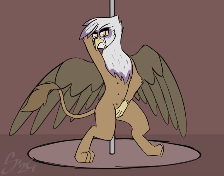 Size: 1500x1177 | Tagged: questionable, artist:somber, derpibooru import, gilda, gryphon, animated, crotchboobs, female, gif, image, looking at you, nudity, pole dancing, stripper pole, teats