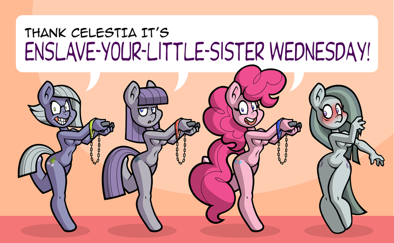 Size: 4408x2721 | Tagged: suggestive, artist:toonbat, derpibooru import, limestone pie, marble pie, maud pie, pinkie pie, anthro, bondage, collar, domination, dubious consent, female, females only, femdom, femsub, image, incest, leash, png, submissive