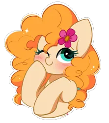 Size: 2635x2971 | Tagged: safe, artist:kittyrosie, derpibooru import, pear butter, earth pony, pony, blushing, cute, female, flower, flower in hair, image, mare, one eye closed, pearabetes, png, simple background, solo, transparent background, wink