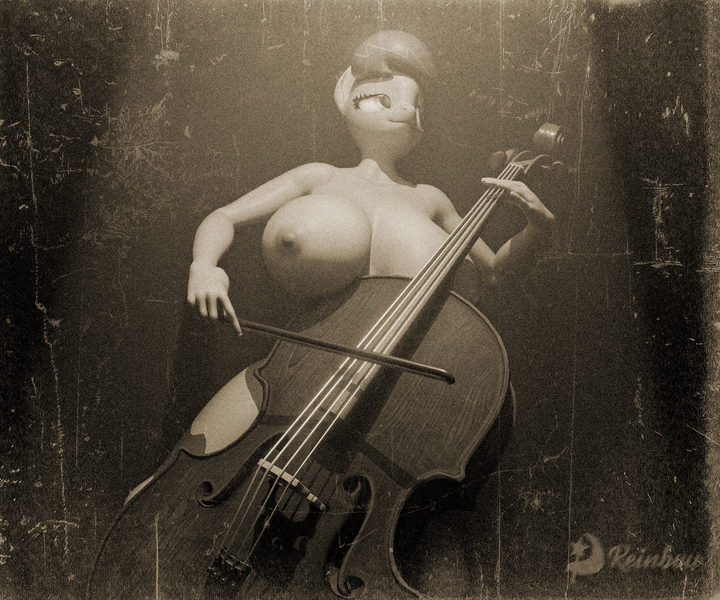 Size: 1920x1600 | Tagged: questionable, artist:reinbou, derpibooru import, octavia melody, anthro, 3d, blender, blender cycles, bow (instrument), breasts, busty octavia melody, cello, cello bow, g4, image, musical instrument, nudity, old photo, png, solo