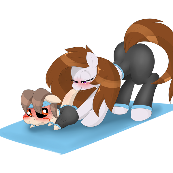 Size: 2000x2000 | Tagged: suggestive, artist:digitaldomain123, oc, oc:kumikoshy, oc:wittle digi, unofficial characters only, earth pony, pony, bedroom eyes, blushing, clothes, face down ass up, female, headband, image, looking at you, looking back, looking back at you, male, mare, pants, png, simple background, tail, tail pull, white background, yoga, yoga mat, yoga pants