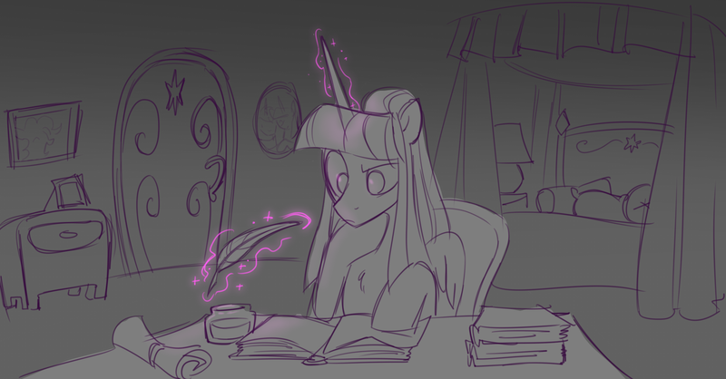 Size: 1674x874 | Tagged: safe, artist:villyapologist, derpibooru import, twilight sparkle, twilight sparkle (alicorn), alicorn, pony, alternate design, bed, book, chest fluff, desk, door, female, g4, glow, glowing horn, horn, image, long horn, magic, mare, older, older twilight, open book, paper, png, ponytail, raised hoof, redesign, sitting, sketch, small wings, solo, telekinesis, wings