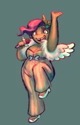 Size: 600x938 | Tagged: safe, artist:villyapologist, derpibooru import, pipp petals, human, g5, arm freckles, breasts, chubby, cleavage, clothes, colored eyebrows, colored wings, colored wingtips, dress suit, feather boa, female, freckles, green background, green eyes, holding, humanized, image, microphone, open mouth, open smile, pink hair, png, raised leg, shoes, simple background, smiling, solo, spread wings, tan skin, tooth gap, two toned hair, two toned wings, winged humanization, wings
