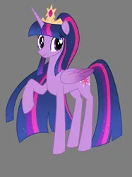 Size: 1028x1372 | Tagged: safe, artist:villyapologist, derpibooru import, twilight sparkle, twilight sparkle (alicorn), alicorn, pony, alternate design, big eyes, colored wings, crown, ethereal mane, eyelashes, female, gradient wings, gray background, horn, image, jewelry, long horn, looking back, mare, multicolored mane, multicolored tail, older, older twilight, png, ponytail, purple eyes, raised hoof, redesign, regalia, simple background, smiling, solo, starry mane, starry tail, tail, tiara, two toned wings, vector, wings