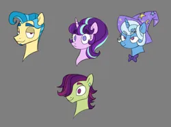 Size: 1035x771 | Tagged: safe, artist:villyapologist, derpibooru import, discord, starlight glimmer, thorax, trixie, ponified, pony, unicorn, alternate design, alternate universe, beard, blue coat, blue mane, bowtie, bust, clothes, colored eyebrows, ear piercing, earring, eyebrows, eyebrows visible through hair, facial hair, female, freckles, frown, g4, gray background, green coat, group, hat, horn, image, jewelry, lidded eyes, long description, looking at you, male, mare, narrowed eyes, piercing, pink coat, png, pony discord, ponytail, purple eyes, purple mane, red eyes, short mane, simple background, smiling, species swap, stallion, trixie's hat, two toned mane, yellow coat