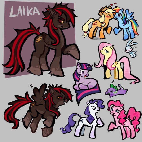 Size: 1280x1280 | Tagged: safe, artist:menmyshelf, derpibooru import, angel bunny, applejack, fluttershy, pinkie pie, rainbow dash, rarity, spike, twilight sparkle, oc, oc:laika (menmyshelf), dragon, earth pony, pegasus, pony, rabbit, unicorn, ><, alternate design, animal, appledash, applejack's hat, beige background, blonde mane, blonde tail, blue coat, blue eyes, blushing, coat markings, colored eartips, colored muzzle, colored pinnae, colored wings, colored wingtips, cowboy hat, curly mane, curly tail, ear piercing, ear tufts, earring, eyes closed, eyeshadow, facial markings, fangs, female, flying, folded wings, g4, hat, horn, image, jewelry, jpeg, lesbian, lidded eyes, long mane, long tail, lying down, makeup, mane six, mare, multicolored hair, multicolored mane, multicolored tail, nuzzling, one eye closed, open mouth, open smile, orange coat, passepartout, pegasus oc, piercing, pink coat, pink eyes, pink mane, pink tail, ponytail, profile, purple coat, purple mane, purple tail, rainbow hair, rainbow tail, raised hoof, shipping, simple background, sitting, smiling, socks (coat marking), spiky mane, spiky tail, spread wings, standing, tail, text, tied tail, tripped, two toned mane, two toned tail, two toned wings, unicorn twilight, wall of tags, wavy mane, wavy tail, white coat, wings, yellow coat, yellow mane, yellow tail