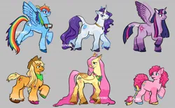 Size: 1280x788 | Tagged: safe, artist:menmyshelf, derpibooru import, applejack, fluttershy, pinkie pie, rainbow dash, rarity, twilight sparkle, twilight sparkle (alicorn), alicorn, earth pony, pegasus, pony, unicorn, alternate cutie mark, alternate design, alternate hairstyle, alternate tailstyle, applejack's hat, blonde mane, blonde tail, blue coat, blue eyes, bow, braid, chest fluff, coat markings, colored belly, colored eartips, colored eyebrows, colored hooves, colored horn, colored muzzle, colored pinnae, colored wings, cowboy hat, curly mane, curly tail, curved horn, dappled, ear fluff, ear tufts, eyelashes, eyeshadow, facial markings, female, flower, flower in hair, flying, folded wings, freckles, g4, goggles, gray background, group, hair bow, hairclip, hat, hoof polish, hooves, hooves in air, horn, horn jewelry, image, jewelry, jpeg, leonine tail, lidded eyes, long mane, long tail, looking back, makeup, mane six, mare, multicolored hair, multicolored hooves, multicolored mane, multicolored tail, multicolored wings, necklace, orange coat, pink coat, pink eyes, profile, purple coat, purple eyes, purple mane, purple tail, rainbow hair, rainbow tail, raised hoof, redesign, scar, signature, simple background, smiling, socks (coat marking), spread wings, standing, tail, tail bow, tallershy, twitterina design, two toned mane, two toned tail, unshorn fetlocks, wall of tags, wavy mane, wavy mouth, wavy tail, white coat, wings, yellow coat, yellow mane, yellow tail
