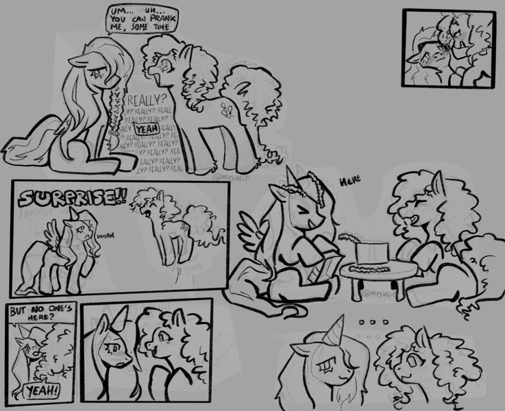 Size: 1280x1042 | Tagged: safe, artist:menmyshelf, derpibooru import, fluttershy, pinkie pie, earth pony, pegasus, pony, ><, bouncing, braid, comic, curly mane, curly tail, dialogue, duo, duo female, eyes closed, female, fetlock tuft, floppy ears, folded wings, g4, grayscale, hat, image, jpeg, lesbian, long mane, long tail, mare, monochrome, open mouth, open smile, party hat, prank, present, ship:flutterpie, shipping, sitting, smiling, speech bubble, spread wings, standing, starry eyes, tail, text, wingding eyes, wings