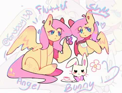 Size: 2048x1566 | Tagged: safe, artist:emoboy130, derpibooru import, angel bunny, fluttershy, butterfly, insect, pegasus, pony, rabbit, ahoge, animal, big ears, blue eyes, blue text, colored eyelashes, colored pinnae, cup, duality, duo, duo male and female, female, flower, g4, heart, heart eyes, hoof hold, image, jpeg, male, mare, one wing out, partially open wings, pink mane, pink tail, raised hoof, signature, sitting, tail, teacup, text, wingding eyes, wings, yellow coat, zoom layer