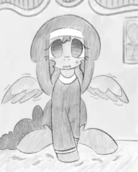 Size: 1020x1270 | Tagged: safe, artist:castafae, derpibooru import, oc, oc:autumnal potpourri, unofficial characters only, pegasus, pony, blind, feather, female, flustered, grayscale, image, mare, monochrome, nun, partially open wings, png, shaking, sitting, solo, wings