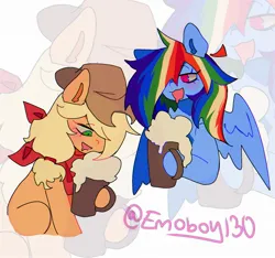 Size: 2075x1940 | Tagged: safe, artist:emoboy130, derpibooru import, applejack, rainbow dash, earth pony, pegasus, pony, alcohol, applejack's hat, bandana, beer, blonde mane, blue coat, blushing, chest fluff, colored ear fluff, colored sclera, cowboy hat, drink, drinking, drool, duo, duo female, ear fluff, eyelashes, female, green eyes, hat, hoof hold, image, jpeg, looking at someone, looking down, mare, multicolored hair, multicolored mane, orange coat, partially open wings, pink eyes, ponytail, rainbow hair, raised hoof, signature, sitting, wingding eyes, wings, yellow mane, zoom layer