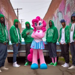 Size: 1024x1024 | Tagged: safe, ai content, derpibooru import, machine learning generated, pinkie pie, car, clothes, fursuit, grand theft auto, gta san andreas, image, jpeg