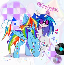 Size: 2153x2179 | Tagged: safe, artist:emoboy130, derpibooru import, rainbow dash, vinyl scratch, pegasus, pony, unicorn, bandaid, blue coat, blue mane, chest fluff, colored ear fluff, cutie mark background, duo, duo female, ear fluff, eye clipping through hair, eyebrows, eyebrows visible through hair, female, folded wings, g4, horn, image, jpeg, long mane, long tail, mare, messy mane, multicolored hair, multicolored mane, open mouth, open smile, pink eyes, pride flag, rainbow hair, rainbow tail, raised hoof, signature, smiling, sticker, tail, two toned mane, vinyl's glasses, walking, white coat, wing fluff, wingding eyes, wings, zoom layer