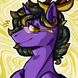 Size: 2000x2000 | Tagged: safe, derpibooru import, oc, oc:dio devoid, unofficial characters only, alicorn, pony, abstract background, antlers, black hair, glasses, highlights, image, looking at you, outline, pixel art, png, purple skin, side view, simple background, smiling, yellow background, yellow eyes