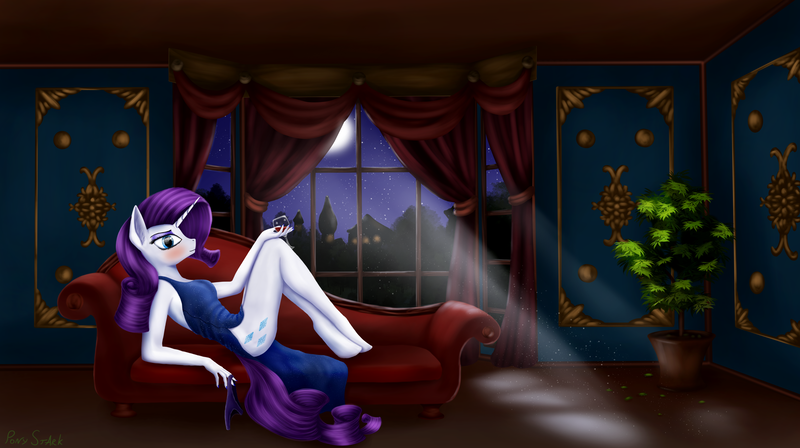 Size: 6394x3579 | Tagged: suggestive, alternate version, artist:pony-stark, derpibooru import, rarity, anthro, unguligrade anthro, unicorn, blushing, clothes, couch, dress, evening, g4, horn, image, looking at you, panties, panties aside, png, solo, underwear, vine