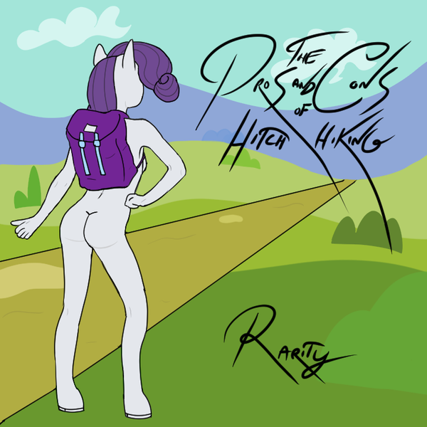 Size: 720x720 | Tagged: suggestive, artist:fluttershank, derpibooru import, rarity, ponified, anthro, pony, unicorn, album cover, backpack, horn, image, nudity, png, ponified album cover, rear view, roger waters, scenery, sultry pose, the pros and cons of hitch hiking, thumbs up