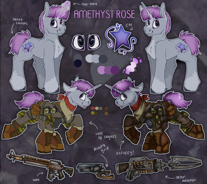 Size: 3600x3200 | Tagged: safe, artist:molars, derpibooru import, oc, oc:amethyst rose, pony, unicorn, fallout equestria, ashes town, ashes town oc, colored, commission, cutie mark, fallout equestria oc, flat colors, grenades, gun, horn, image, laser weapon, magic, magic aura, metal, mouth grip gun, png, reference sheet, shading, solo, telekinesis, unshorn fetlocks, weapon
