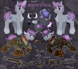 Size: 3600x3200 | Tagged: safe, artist:molars, derpibooru import, oc, oc:amethyst rose, pony, unicorn, fallout equestria, ashes town, ashes town oc, colored, commission, cutie mark, fallout equestria oc, flat colors, grenades, gun, horn, image, laser weapon, magic, magic aura, metal, mouth grip gun, png, reference sheet, shading, solo, telekinesis, unshorn fetlocks, weapon
