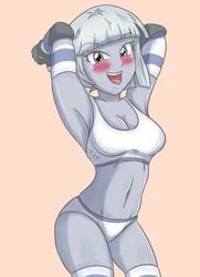 Size: 2100x2900 | Tagged: suggestive, artist:sumin6301, derpibooru import, limestone pie, human, equestria girls, arm behind head, blushing, bra, breasts, busty limestone pie, clothes, female, g4, image, jpeg, looking at you, open mouth, panties, pink background, seductive, simple background, socks, solo, solo female, standing, teeth, tongue out, underwear, white bra, white panties, white socks, white underwear